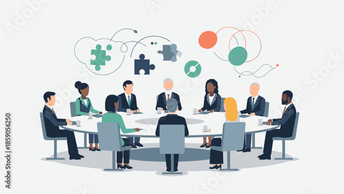 Diverse group of business professionals engaged in a meeting discussing geopolitics and security issues around a conference table with puzzle pieces and globe icons floating above them in a