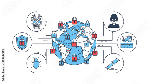 A graphic illustration of global geopolitics and security concepts surrounding a world map with various symbolic icons representing different issues.