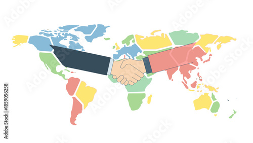 Illustration of two hands shaking over a colorful world map, symbolizing global geopolitics and international security agreements on a white background.