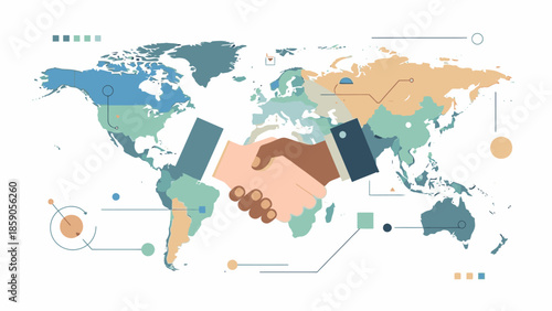 A handshake between two people illustrated above a colorful world map with various geometric shapes and lines on a white background, conveying geopolitics and security.