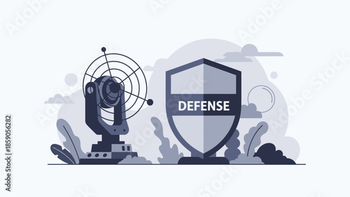A graphic illustration of a defense shield and a missile launcher with a targeting system on a gray background with smoke and clouds, conveying geopolitics and security.