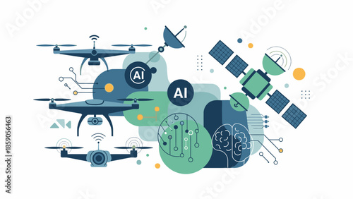 Flat lay illustration of various AI-powered technology icons including drones, satellites, and robots on a white background with blue and green hues, conveying geopolitics and security