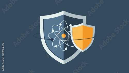A graphic illustration of a shield with an atom symbol and a yellow shield, representing geopolitics and security concepts on a dark blue background.