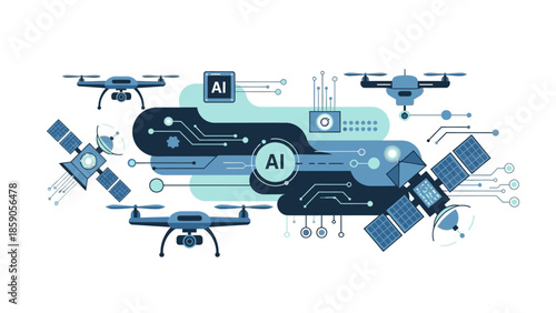 Illustration of AI-powered technology with drones, satellites, and circuitry on a white background, conveying geopolitics and security concepts.