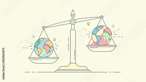 Illustration of a scale balancing two globes representing geopolitics and security on a pale background with a simple line drawing style.