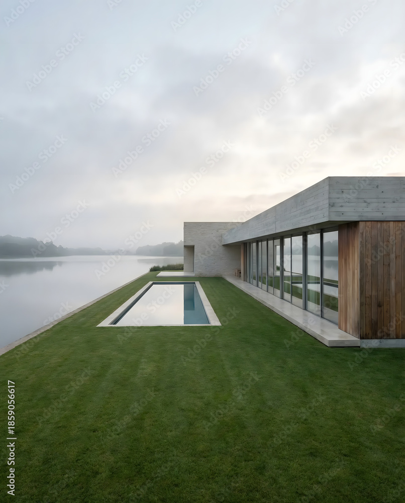 Fototapeta premium Modern minimalist house with swimming pool and lake view at dusk