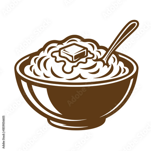 Vintage Brown illustration of a bowl of porridge with butter and spoon on transparent background
