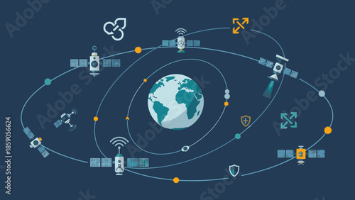 A graphic illustration of Earth surrounded by satellites, rockets, and communication icons on a dark blue background, representing geopolitics and security in space technology.
