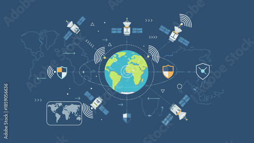 Flat lay illustration of Earth surrounded by satellites, shields, and maps on a blue background, representing geopolitics and security.
