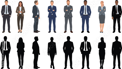 Business people illustration and silhouette set, professional men and women standing poses, diverse corporate office staff isolated vector