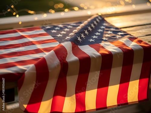 Golden Hour American Flag on Weathered Wood - 4th of July Celebration, Warm Patriotic Holiday Backdrop