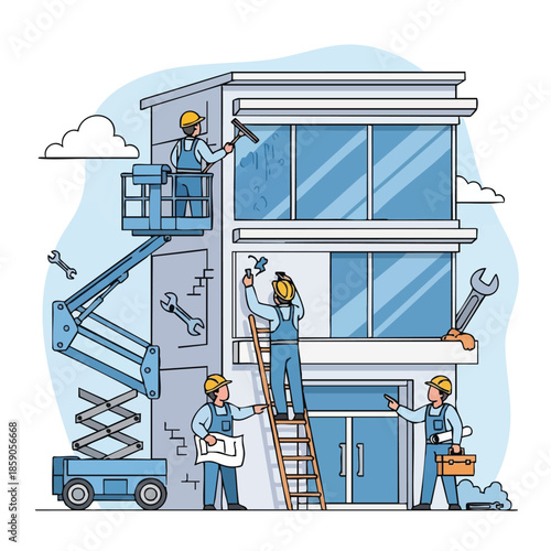 Construction workers painting house exterior.