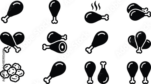 Chicken drumstick icon set in solid black style, meat food symbols collection for restaurant menu branding graphic design