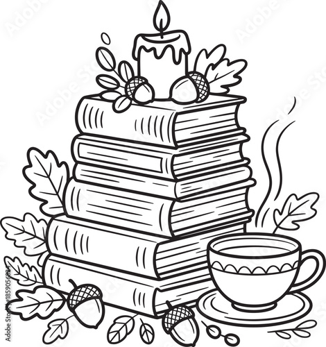 Cozy autumn scene stacked books lit candle acorns and tea cup line art vector illustration line art royalty free stock photos premium quality