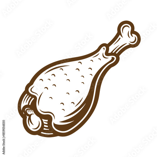 Vintage Brown illustration of a cooked chicken leg with bone on white background  food and meat concept