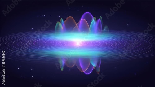 A vibrant abstract composition with luminous waves of light, rings, and specks against a dark background