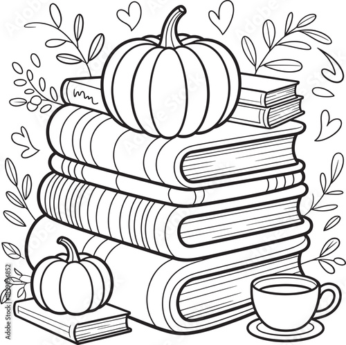Cozy fall books pumpkin spice latte autumn leaves coloring page fun vector illustration line art royalty free stock photos premium quality