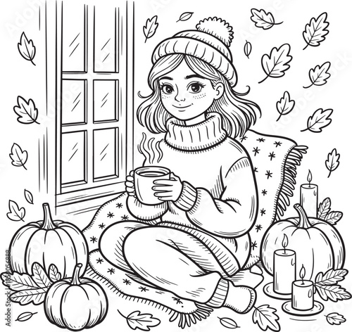 Cozy girl in oversized sweater enjoys warm drink by window autumn scene vector illustration line art royalty free stock photos premium quality