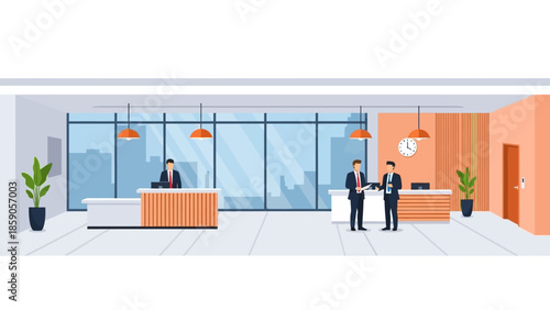 Modern office reception area with employees, ideal for business and corporate settings