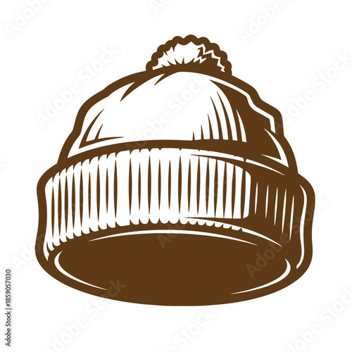 Vintage Brown illustration of a knitted winter hat with a pom pom on top  isolated on white background