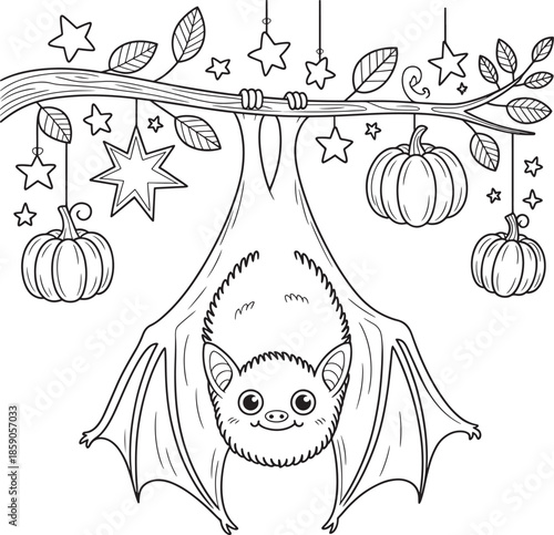 Cute bat hanging upside down with pumpkins and stars Halloween art vector illustration line art royalty free premium quality