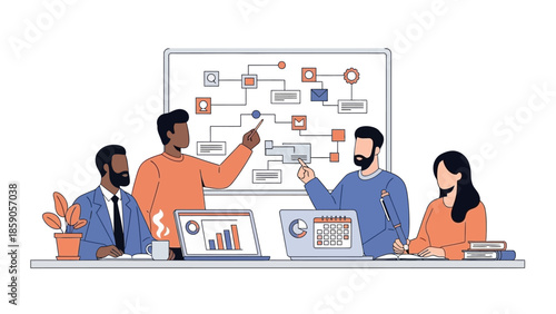 Team collaborating on a project strategy, analyzing data, and discussing plans in a meeting