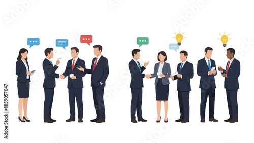 Business professionals engaging in conversation, networking, and idea sharing with speech bubbles
