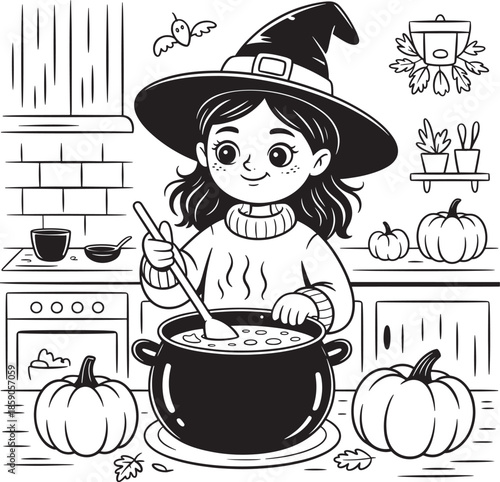 Cute witch girl stirring potion in cozy sweater surrounded by pumpkins vector illustration line art royalty free stock photos premium quality