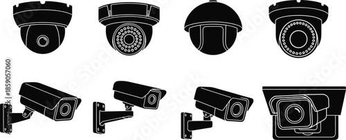 Set of security camera icons and CCTV surveillance systems, flat vector silhouettes of dome and bullet cameras, home safety and protection symbols