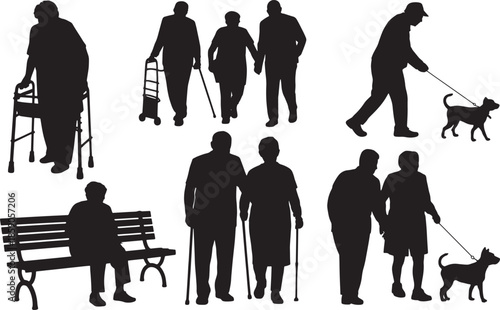 elderly people in various activities with walking aids and dogs silhouettes