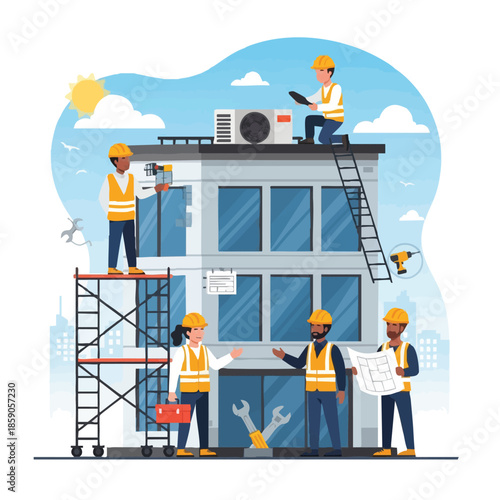 Construction workers on building site with scaffolding.