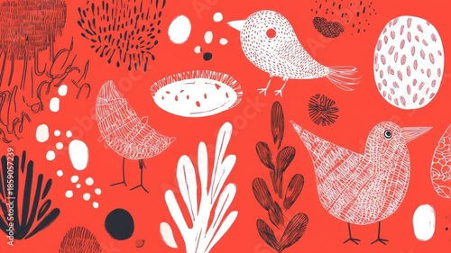 Stylized birds and abstract shapes on a vibrant red background, with bold black and white linework