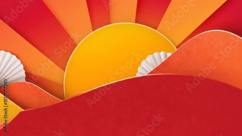 Abstract design featuring a yellow sun, layered red/orange shapes, and paper fans