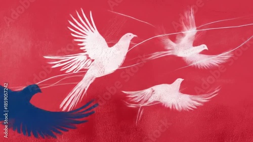 Several white birds in flight on red background with white lines