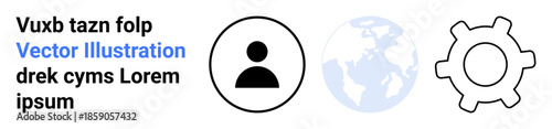 User interface, technology, global access, account management, personalization, digital tools. Profile icon, globe and gear symbol in minimalist style. User interface and technology concepts