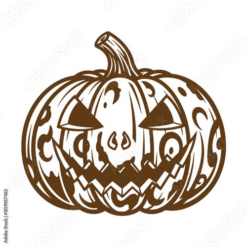 Vintage Brown jackolantern face with scary eyes and mouth on white background