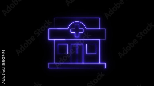 glowing neon home clinic icon animation, medical blue clinic Line animation,medical icon 4K Video motion on black background.