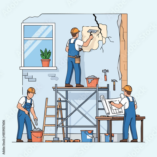 Home Renovation Workers Repairing Cracked Wall  Plastering.