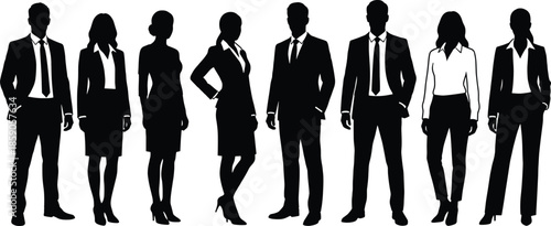 Business people silhouettes group, professional men and women standing confident poses, corporate office team characters isolated black vector illustration
