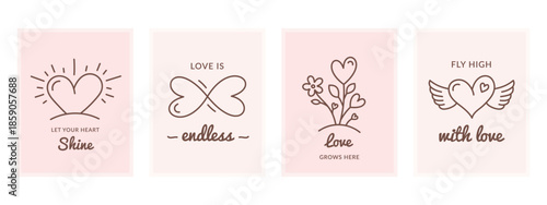 Set of soft pastel greeting cards with hand drawn heart illustrations and romantic lettering, minimalist style for Valentine themes and heartfelt designs