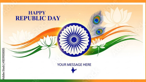 Indian republic day celebration graphic with lotus flowers, peacock feathers, and flag colors