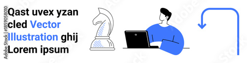 Business strategy, teamwork, technology, productivity, workflow, decision-making. Chess knight, person at laptop abstract arrow. Business strategy and technology concepts