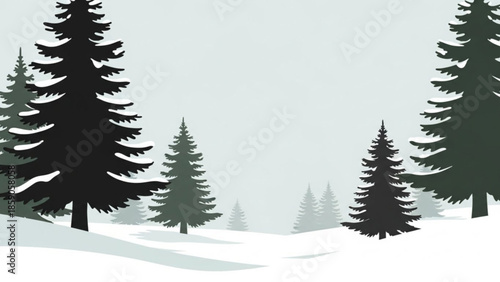 Snowy landscape with evergreen trees on rolling hills in winter