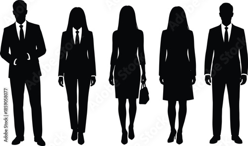 Business people silhouettes set, professional men and women standing front view poses, corporate office executives isolated black vector