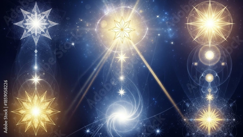 Glowing starburst lights in space with beams and lens flares on dark blue background