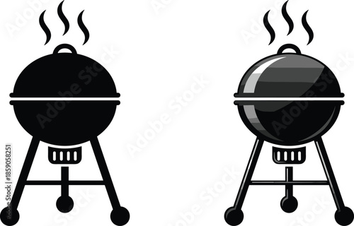 Barbecue grill icons set, charcoal BBQ cooker with steam, outdoor cooking equipment vector illustration isolated white