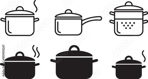 Cooking pot icons set, line and solid saucepan cookware symbols, boiling kitchen equipment vector illustration isolated white