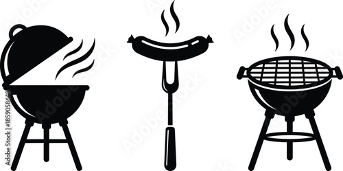 Barbecue grill icons set, sausage fork and charcoal BBQ cooking symbols, outdoor food vector illustration isolated white