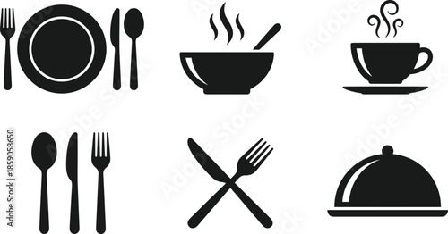 Restaurant dining icons set, plate cutlery soup bowl coffee cup cloche symbols, food service vector illustration isolated white