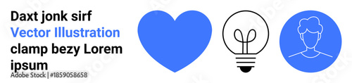 Healthcare, creativity, innovation, personal identity, design concepts, and communication. Blue heart, light bulb and human profile icons on a white background. Healthcare and creativity